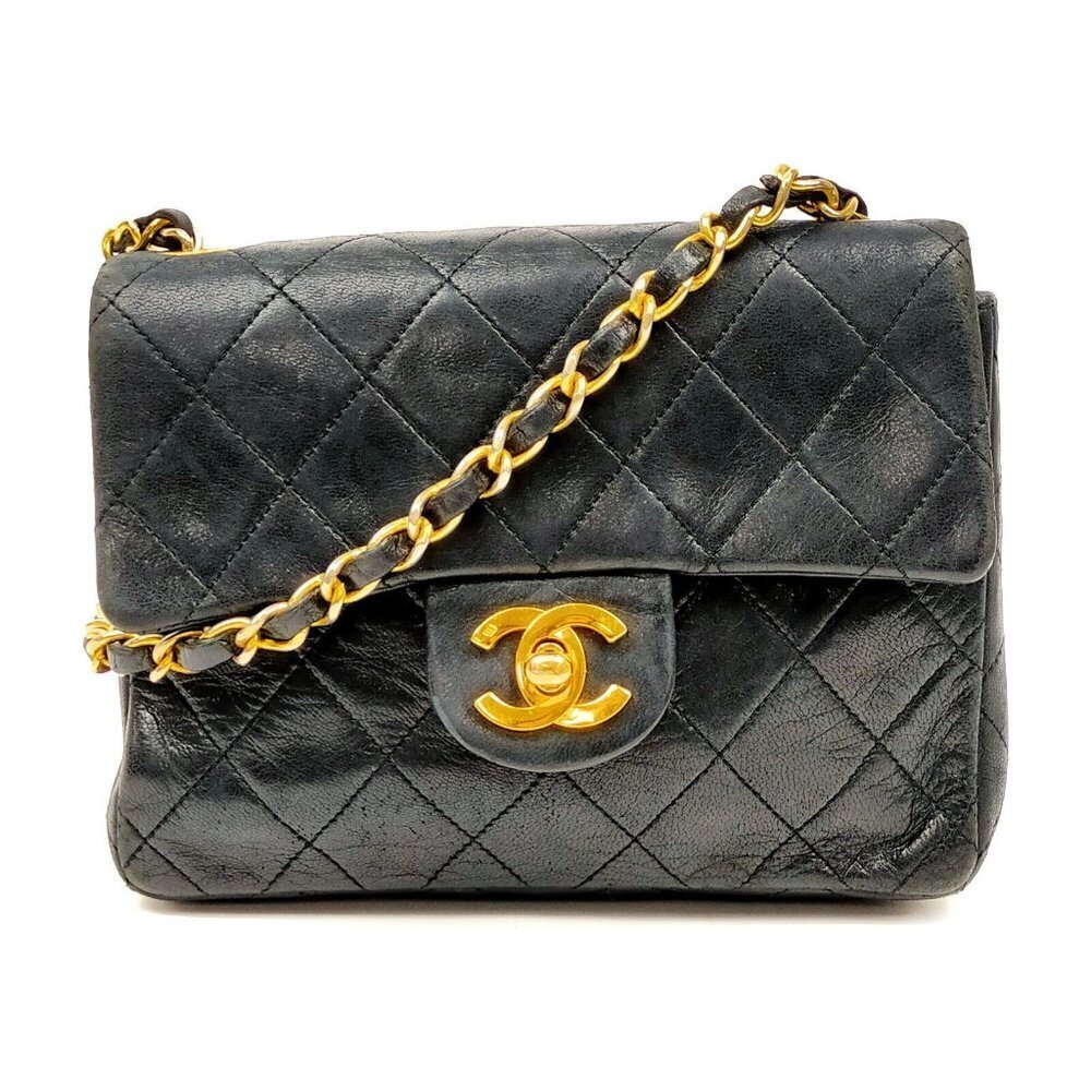 Chanel  Mini Square Flap Matelasse  Black Lamb Leather Shoulder Bag